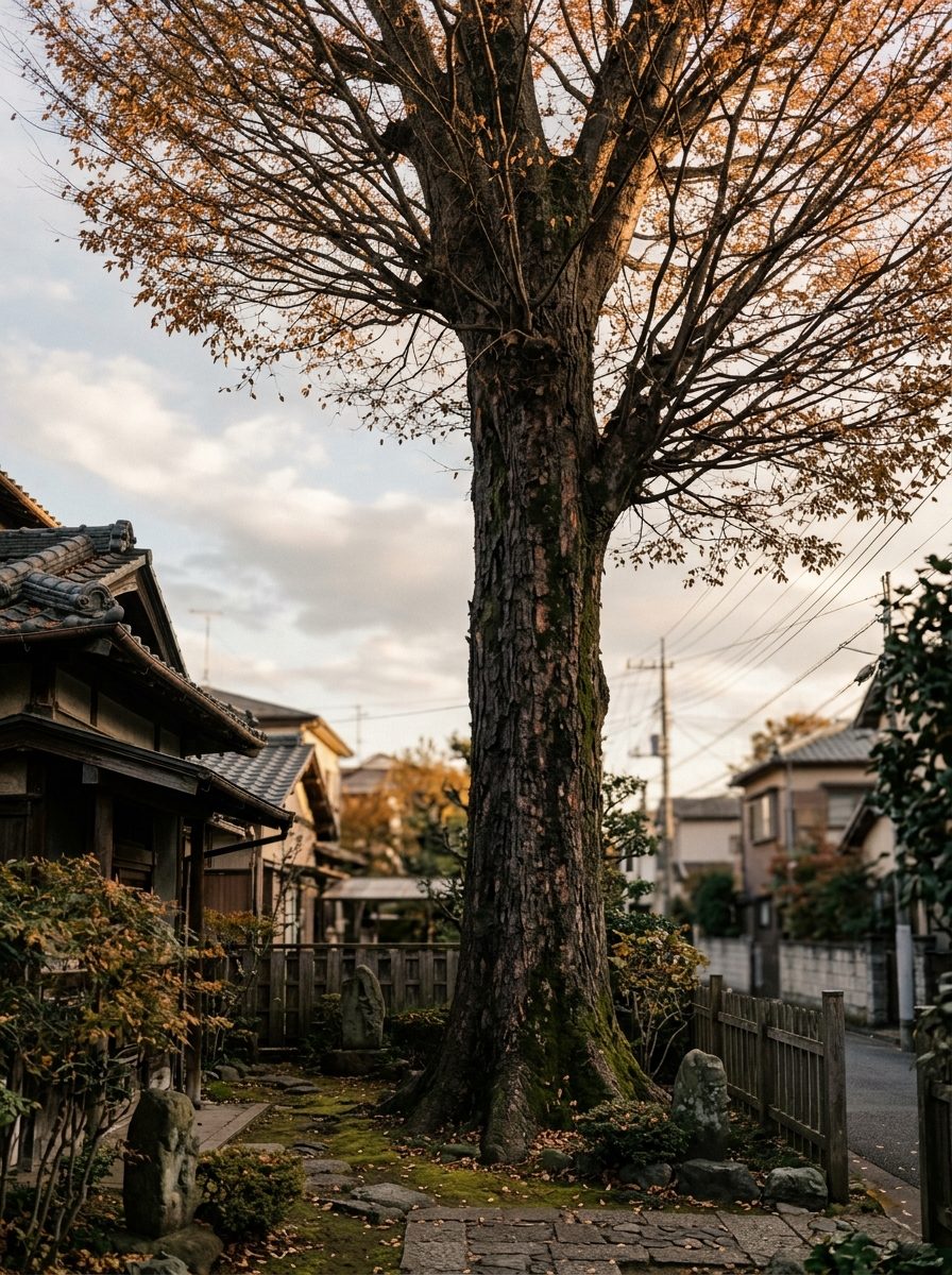 住宅地の庭に立つ古いケヤキの木（イメージ）