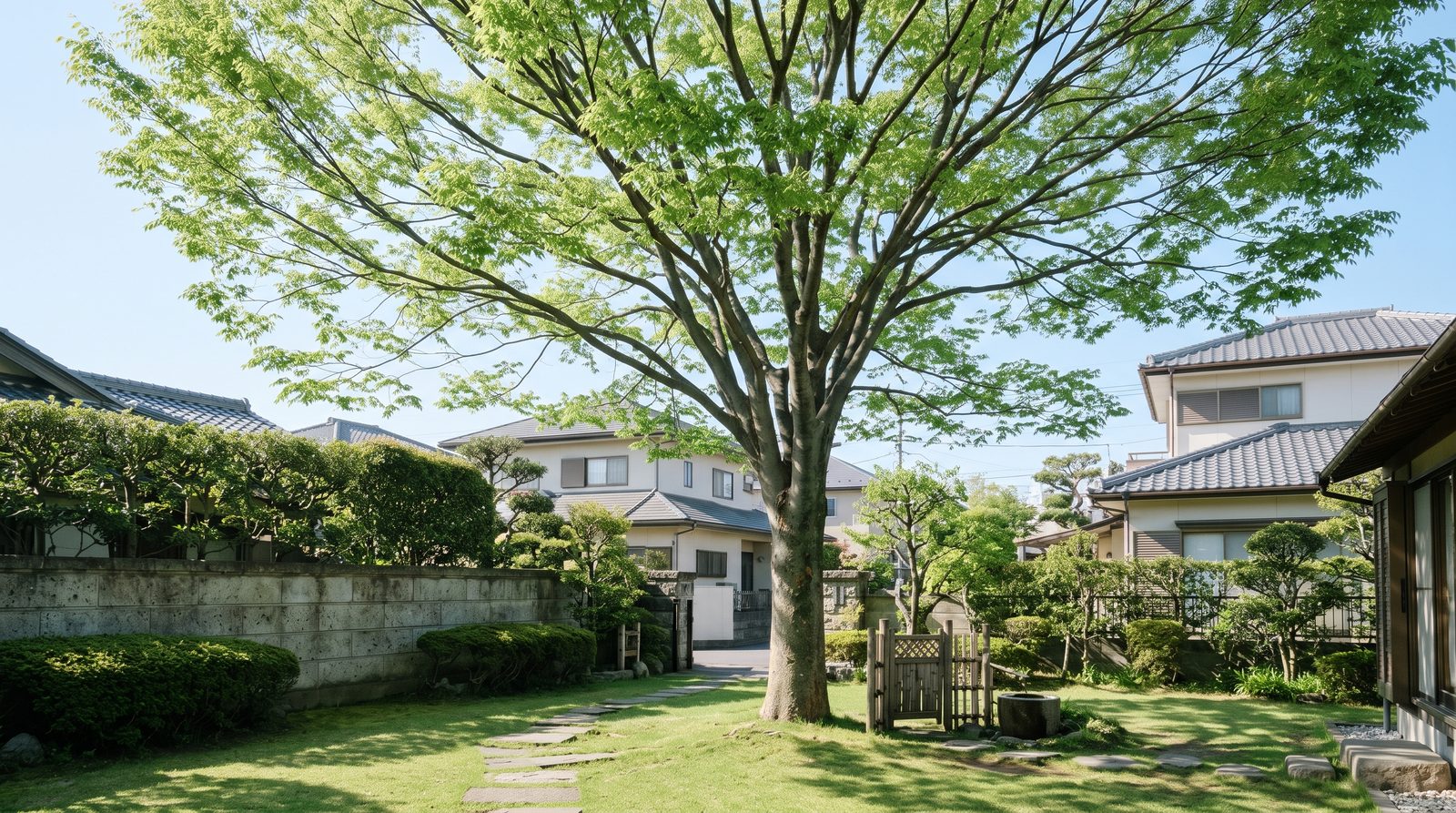 晴れた朝、住宅の庭に立つケヤキの大木